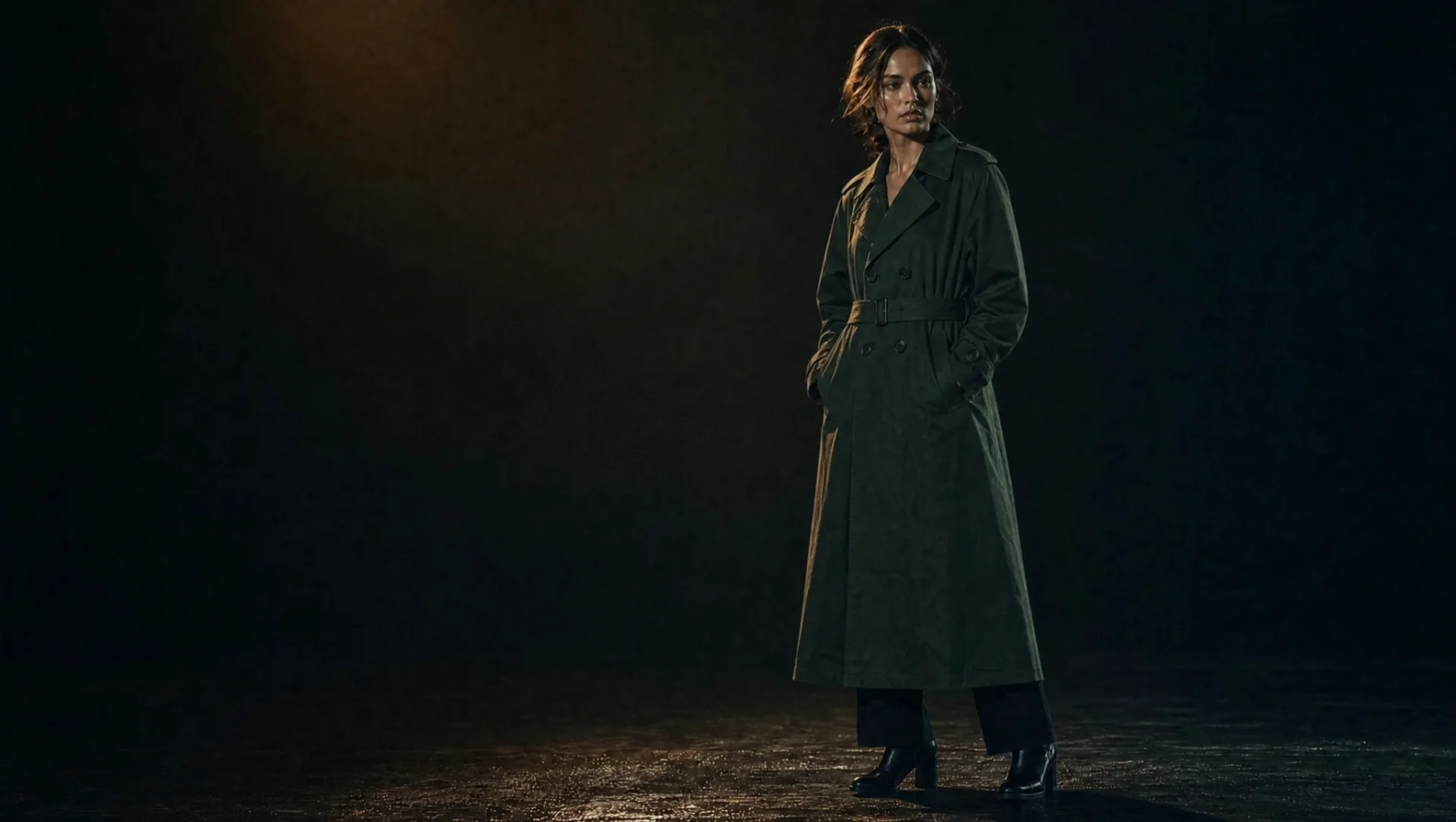The same trench coat, now worn by a model and lit like a finished campaign shot