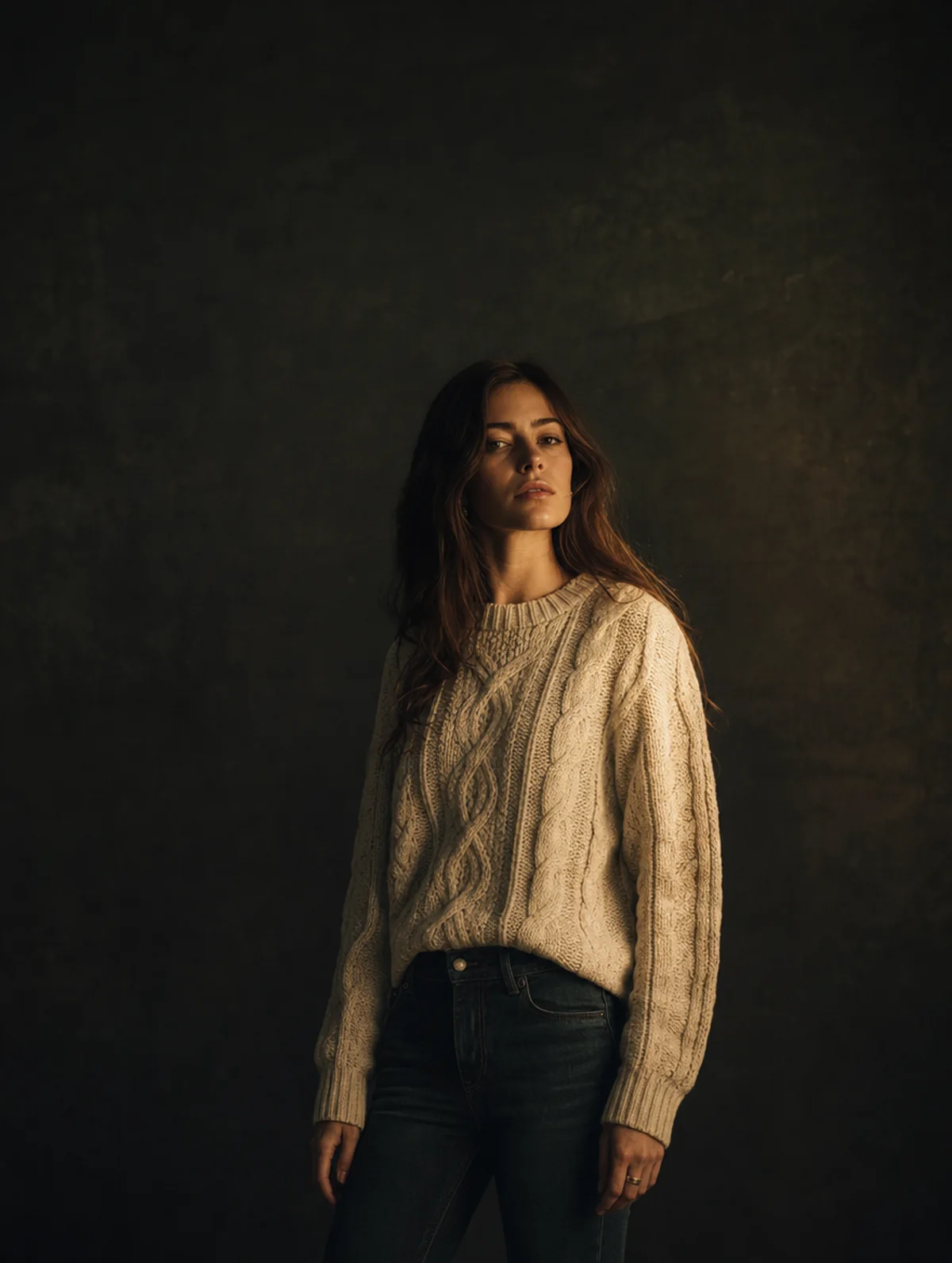 Generated fashion campaign still of a model in a cream cable-knit sweater